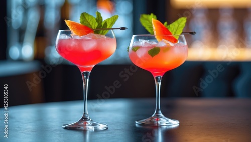 Refreshing Cosmopolitan Cocktails Garnished with Mint and Fruit Served on a Stylish Bar Table in a Modern Lounge Setting