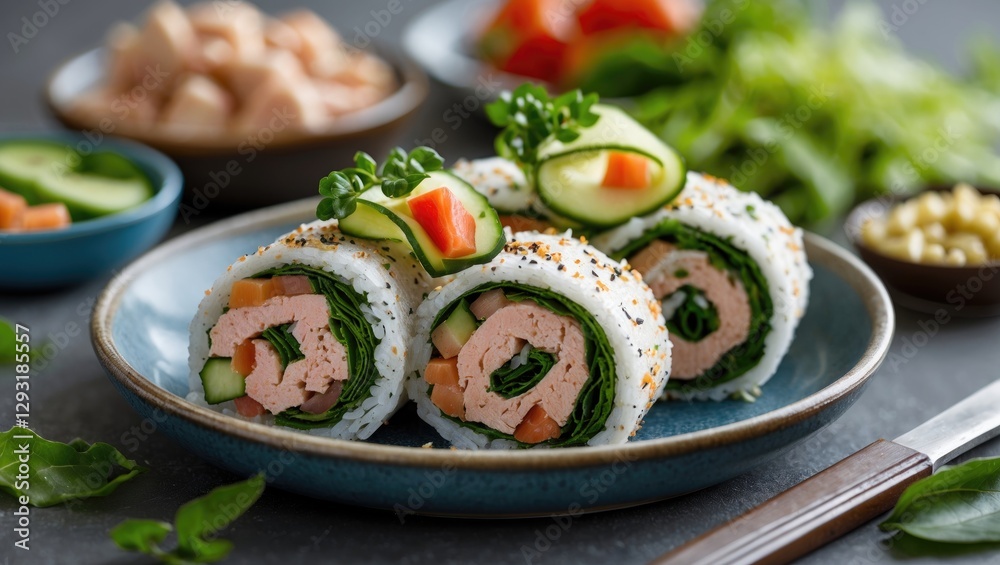 Delicious sushi rolls with tuna, cucumber, and fresh greens garnished with vegetables on a blue plate with a rustic background Delicious sushi rolls with tuna, cucumber, and fresh greens garnished with vegetables on a blue plate with a rustic background