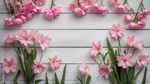 Delicate pink flowers arranged artistically on a white wooden background creating a serene and inviting flat lay composition with copy space.