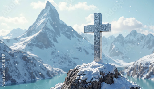 Inspirational Cross at the Summit of a Mountain – An Ideal Image for Religious, Motivational, and Nature-Focused Campaigns