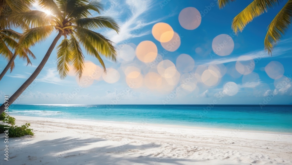 Obraz premium Tropical Beach Paradise with White Sand and Crystal Clear Water under Sunny Blue Sky featuring Bokeh Lights and Palm Trees.