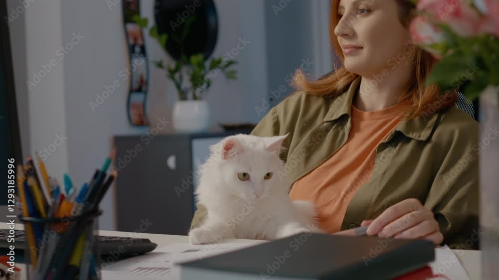 Redheaded professional working remotely at home desk, holding white fluffy cat while managing paperwork, embodying productive work life balance with furry companion Redheaded professional working remotely at home desk, holding white fluffy cat while managing paperwork, embodying productive work life balance with furry companion