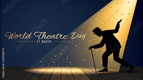 World theater day, Silhouette of an actor taking a graceful bow illuminated by golden stage lights