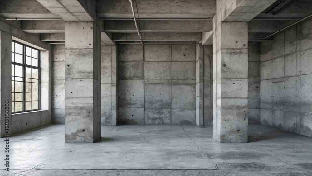 Industrial concrete interior with large windows and columns suitable for modern architecture and design backgrounds or wallpapers. Industrial concrete interior with large windows and columns suitable for modern architecture and design backgrounds or wallpapers.