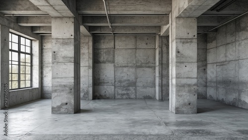 Industrial concrete interior with large windows and columns suitable for modern architecture and design backgrounds or wallpapers.