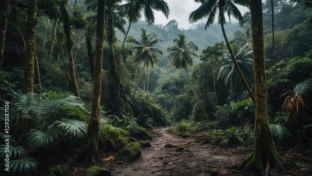 Lush tropical rainforest landscape with dense vegetation and a scenic path, ideal for nature themes and text overlays. Lush tropical rainforest landscape with dense vegetation and a scenic path, ideal for nature themes and text overlays.