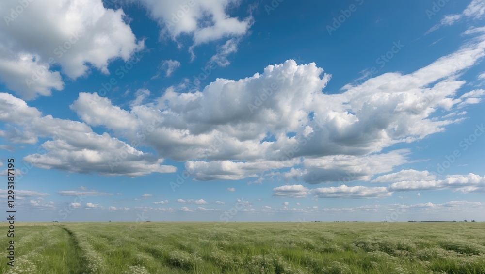 Obraz premium Vast Green Meadow Under Dramatic Cloudscape With Clear Blue Sky Ideal For Nature Themes And Text Overlay