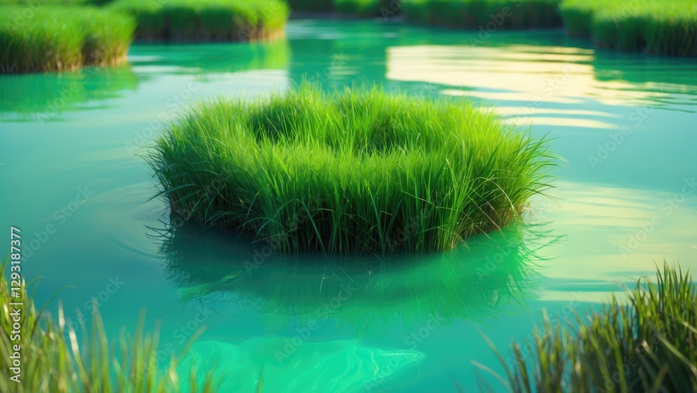 Lush green lagoon with circular grass island reflecting serene water ideal for nature concepts and text overlay in advertising designs. Lush green lagoon with circular grass island reflecting serene water ideal for nature concepts and text overlay in advertising designs.