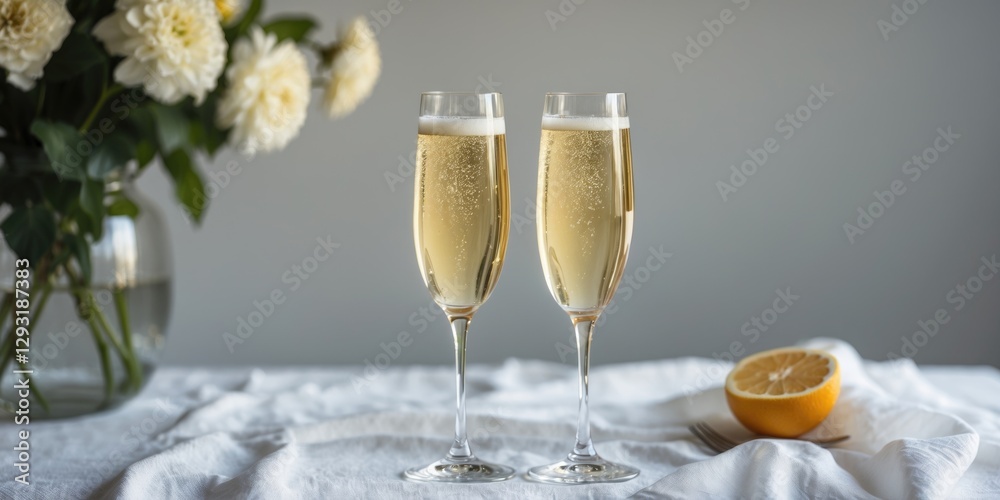 Elegant Champagne Toast With Two Flutes On Tablecloth Surrounded By Flowers And Lemon Slice Perfect For Celebration Themes Elegant Champagne Toast With Two Flutes On Tablecloth Surrounded By Flowers And Lemon Slice Perfect For Celebration Themes