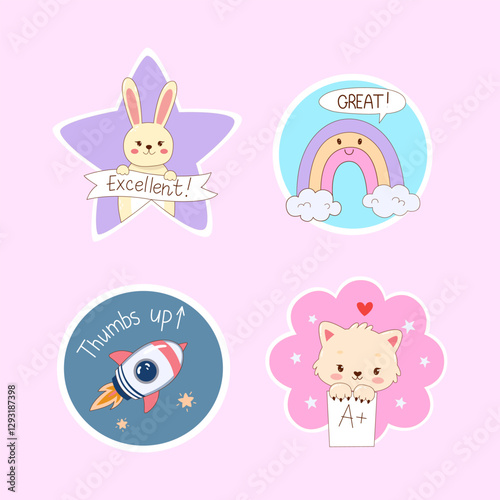 Great job stickers set illustration. Kids motivation phrase stickers with cute animal illustration. Suitable for flat design illustration, clip art, stickers.