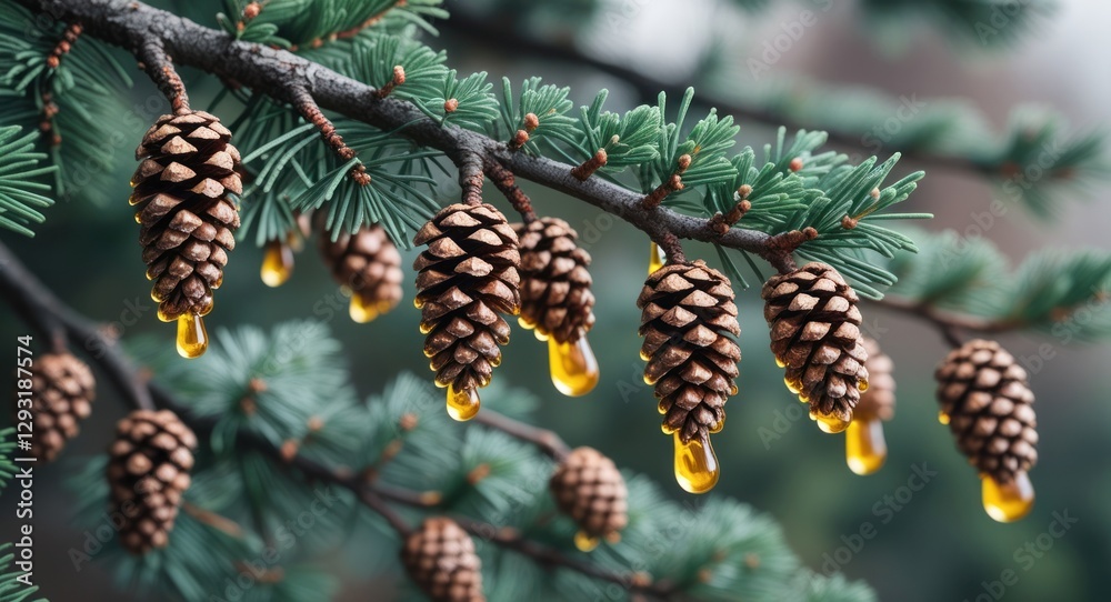 Emerging fir tree cones adorned with resin drops showcasing springtime renewal and nature's beauty in a serene forest setting. Emerging fir tree cones adorned with resin drops showcasing springtime renewal and nature's beauty in a serene forest setting.