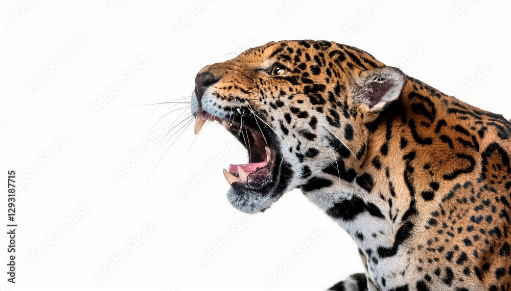 Obraz premium Powerful Jaguar Showing Intense Roar Against A Pure White Canvas, Capturing the Majesty and Wild Energy of this Feline King in Full Glory.