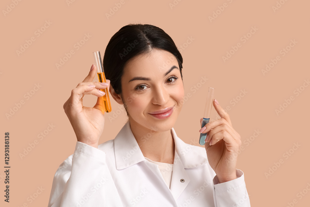 Female inventor with test tubes on beige background, closeup Female inventor with test tubes on beige background, closeup