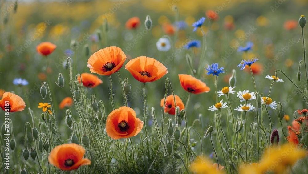 Fototapeta premium Vibrant wildflower field featuring blooming poppies and cornflowers under a sunny sky creating a picturesque natural landscape.
