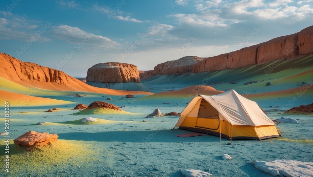 Naklejka premium Vibrant Lunar Landscape With Unique Rock Colors And A Tent Set For Camping Perfect For Adventure Travel And Outdoor Relaxation