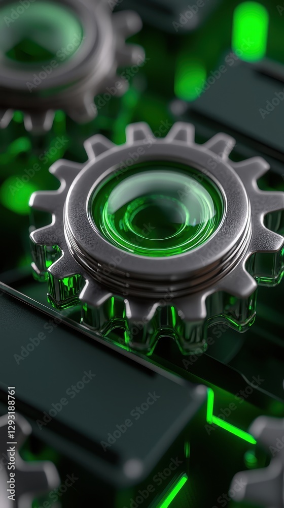 Fototapeta premium Close-up of metal gears with green lighting, showcasing intricate mechanical design.