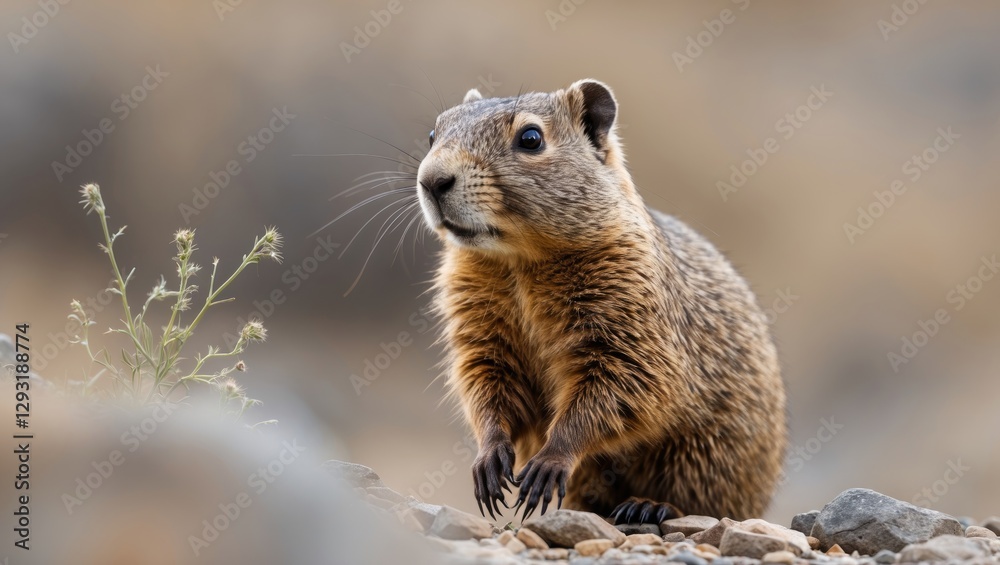 Fototapeta premium Steppe Marmot in natural habitat showcasing its characteristic features and behavior amidst rocks and vegetation.