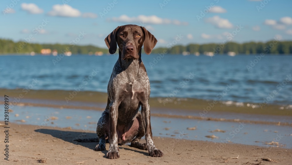 German Shorthaired Pointer Dog Sitting on Beach by Lake on Summer Day with Water Background and Copy Space for Text German Shorthaired Pointer Dog Sitting on Beach by Lake on Summer Day with Water Background and Copy Space for Text