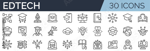 Set of 30 outline icons related to education technology. Linear icon collection. Editable stroke. Vector illustration