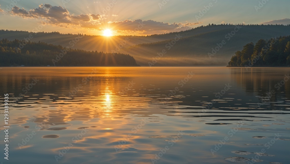 Fototapeta premium Spring-themed bright sunset over water and hills, serene and breathtaking, showcasing nature’s beauty