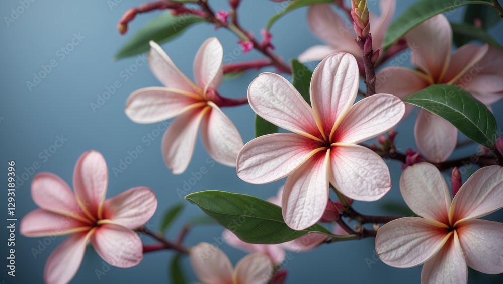 Fototapeta premium Pink Plumeria Flowers on Branch with Soft Blue Background and Empty Space for Text