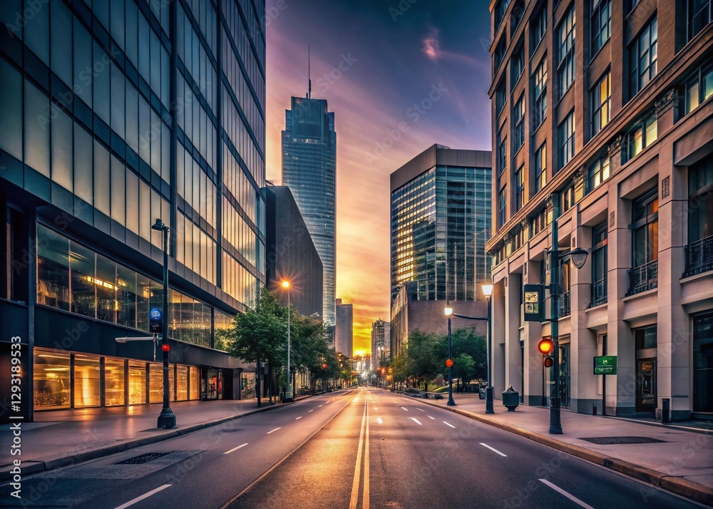 Obraz premium Minimalist Cityscape: Pre-Dawn Downtown Glow