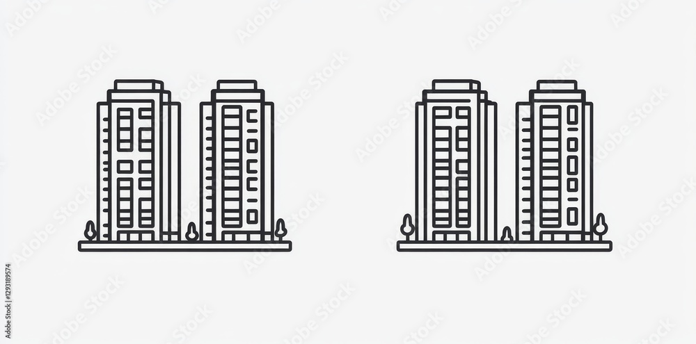 An icon featuring a sleek line drawing of an office building or corporate headquarters, suitable for real estate purposes and websites An icon featuring a sleek line drawing of an office building or corporate headquarters, suitable for real estate purposes and websites