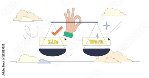 Work-life balance depicted with scales held by a hand, featuring life and work symbols, transparent background. Neubrutalism hands concept