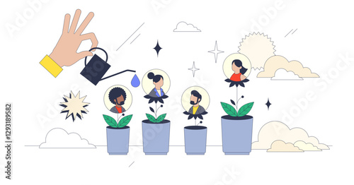 Developing talent through nurturing hands, featuring plants, people, and watering can, transparent background. Neubrutalism hands concept