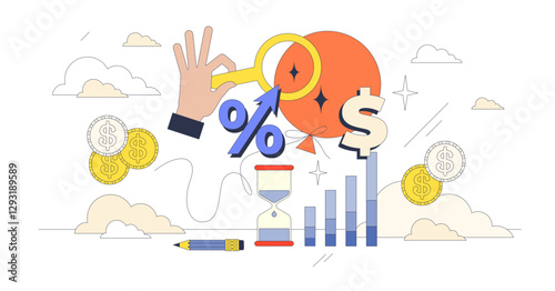 Inflation rate depicted with hands, percentage symbol, and dollar sign, transparent background. Neubrutalism hands concept.