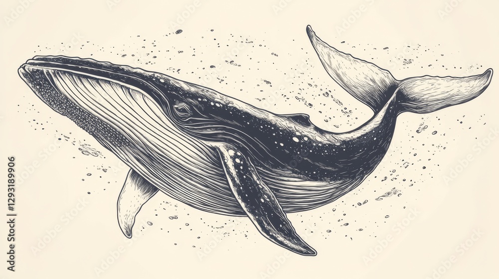 Fototapeta premium A classic engraving of a humpback whale and a wild cachalot with a background line, set against a contemporary artistic depiction of a giant dolphin