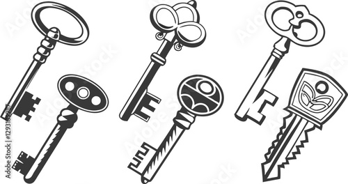 Silhouette of Vintage Ornate Keys Set with Intricate Designs