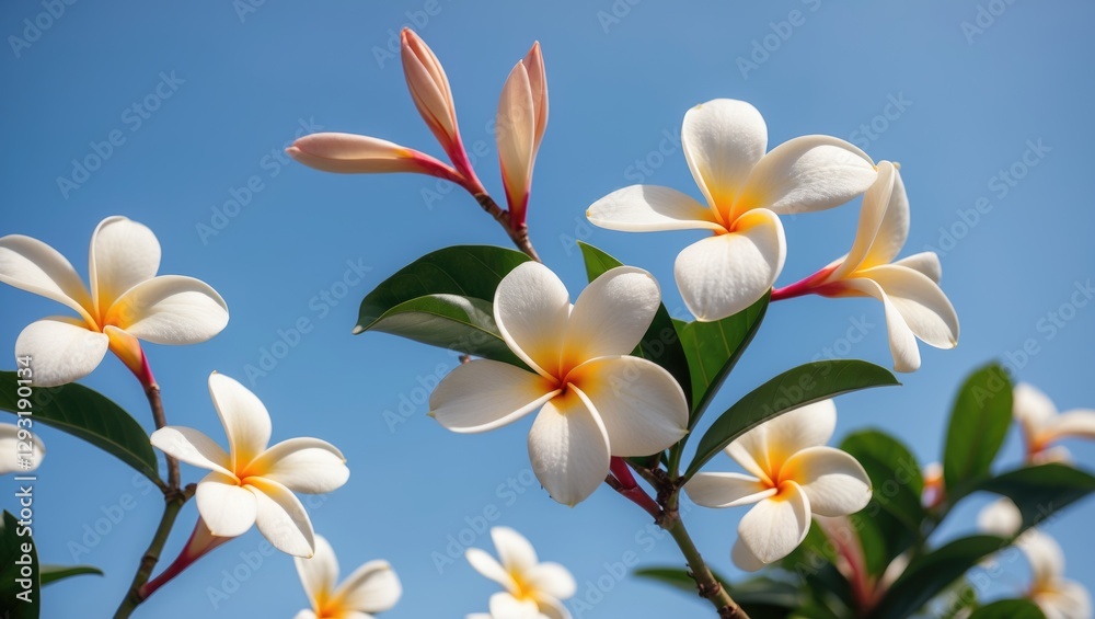 Naklejka premium Vibrant Plumeria Flowers Blooming Against a Clear Blue Sky Showcasing Nature's Beauty and Tropical Serenity