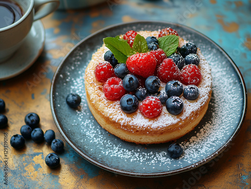 Food photo: golden pancakes with berries, perfect for advertising.