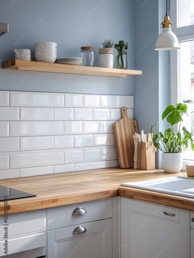 Kitchen corner with wooden countertop and shelves displaying kitchen items Kitchen corner with wooden countertop and shelves displaying kitchen items