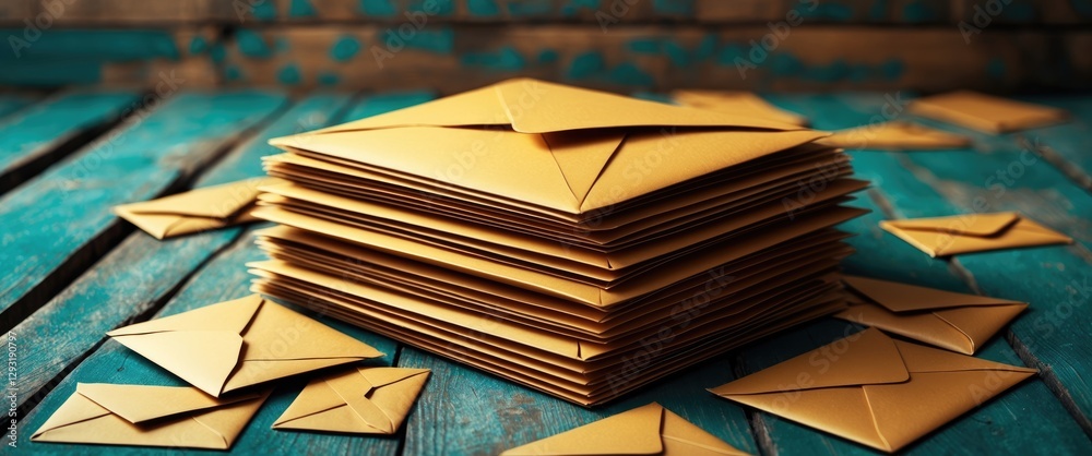 Obraz premium Stack of brown envelopes on a rustic wooden table, showcasing organized stationery for correspondence or creative projects.