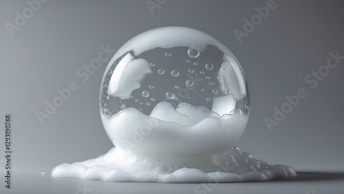 Soap bubble with foam on gray background for beauty and healthcare applications in professional imagery and product promotion.
