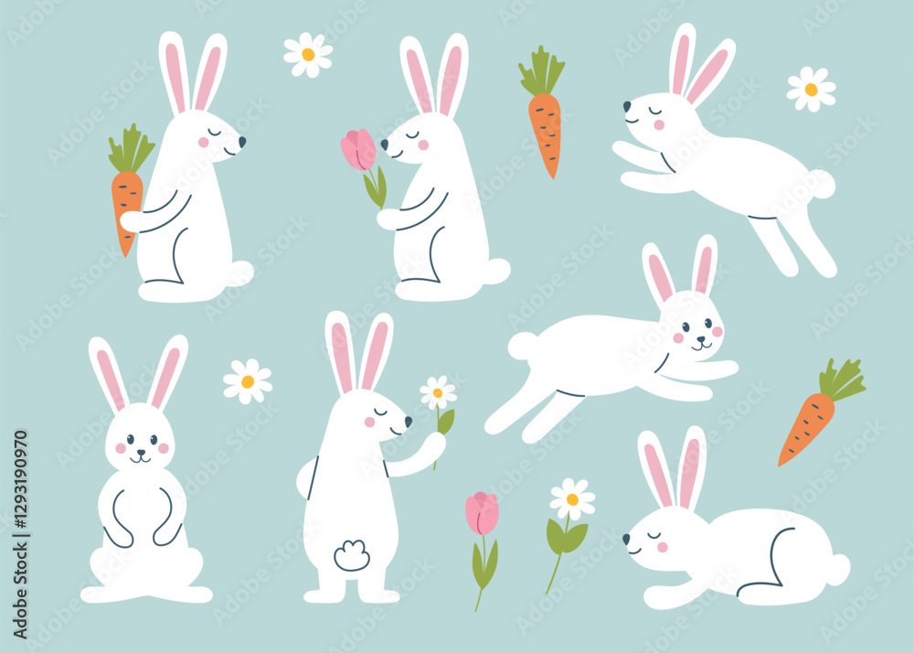 Easter bunnies set. Concept of Easter, spring, holiday. Vector hand drawn cliparts. Easter bunnies set. Concept of Easter, spring, holiday. Vector hand drawn cliparts.