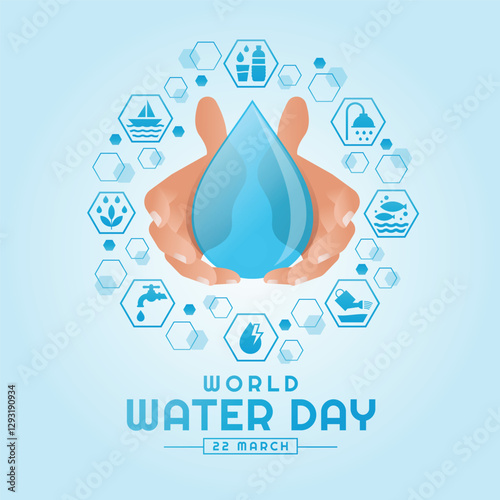 World water day - hands hold big drop water with symbol about the topic of water hexagon icon circle around vector design
