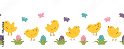 Easter concept background with chickens, Easter eggs and butterflies on white background. Vector hand drawn banner.