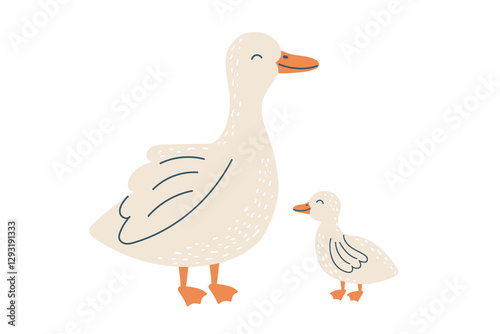 A goose and a gosling isolated on white. Farm birds. Vector hand drawn cliparts. 