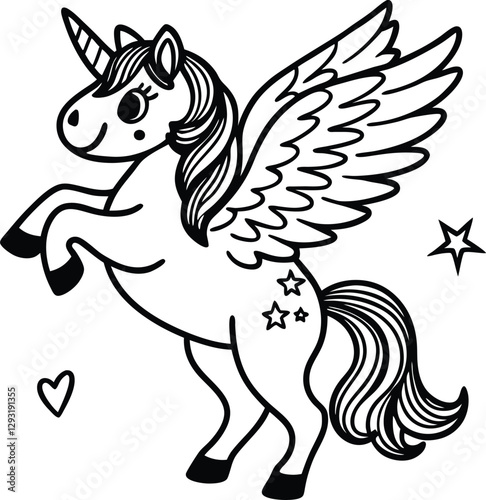Cute cartoon unicorn Pegasus vector illustration line art silhouette