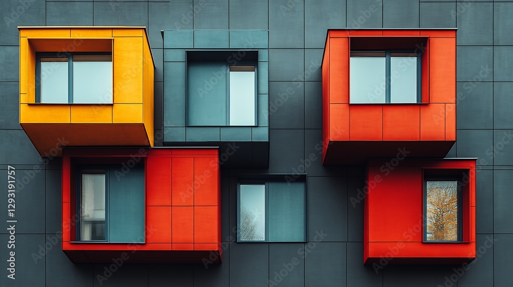 Vibrant red yellow windows playfully jut from gray building wall. AI Generated Vibrant red yellow windows playfully jut from gray building wall. AI Generated