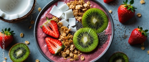 Wallpaper Mural Vibrant Smoothie Bowl with Strawberries, Kiwi, Coconut, Granola and Chia Seeds Surrounded by Fresh Fruit and Empty Space for Text Torontodigital.ca