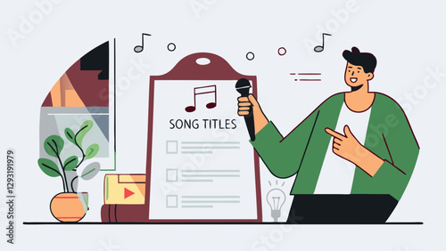 Person Holding Microphone Pointing Towards Clipboard with 'SONG TITLES' and Musical Notes, Pot with Plant, and Stack of Books with Play Button Icon - Editable Vector SVG