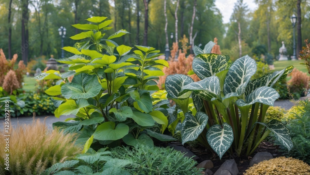 Fototapeta premium Diverse foliage in a Russian park showcasing unique leaf patterns amidst lush greenery and serene garden landscape.