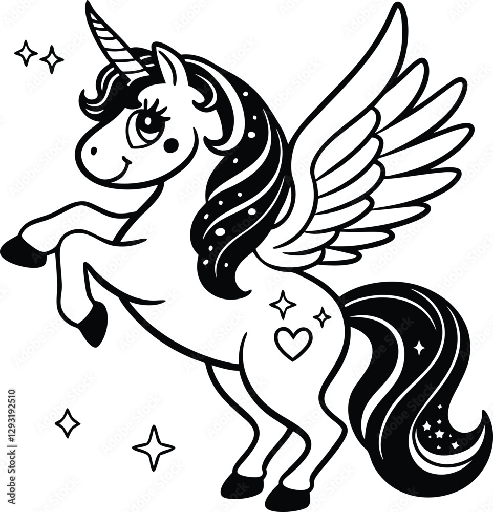 Fototapeta premium Cute cartoon unicorn Pegasus vector illustration line art silhouette