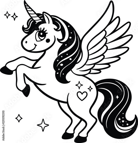 Cute cartoon unicorn Pegasus vector illustration line art silhouette