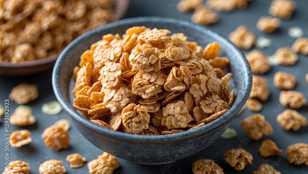 Crispy granola cereal in a bowl surrounded by scattered flakes on a textured surface ideal for healthy eating and breakfast ideas. Crispy granola cereal in a bowl surrounded by scattered flakes on a textured surface ideal for healthy eating and breakfast ideas.