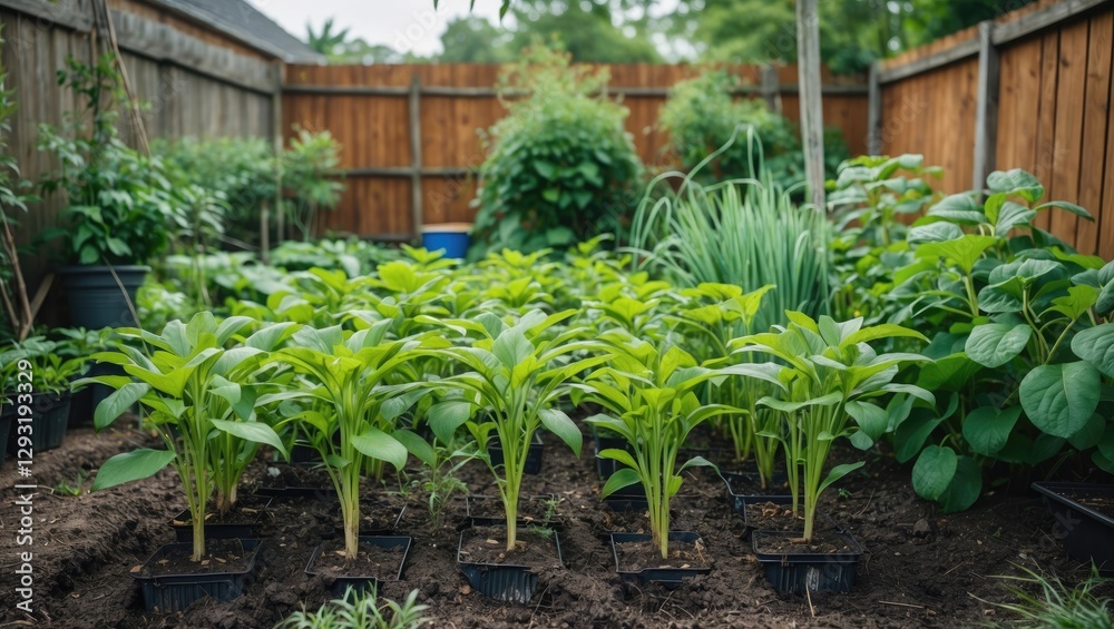 Lush Backyard Garden with Growing Plants and Empty Space for Custom Text or Branding